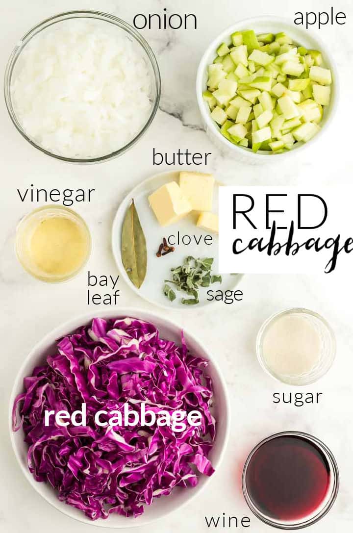 制作红卷心菜所需的材料:洋葱、苹果、卷心菜、黄油、糖、醋、酒、月桂叶、鼠尾草和丁香gydF4y2Ba