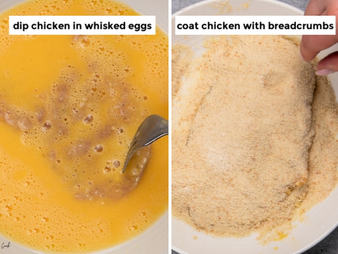 步骤左:鸡肉浸蛋液-步骤右:鸡肉裹上切碎的面包屑gydF4y2Ba